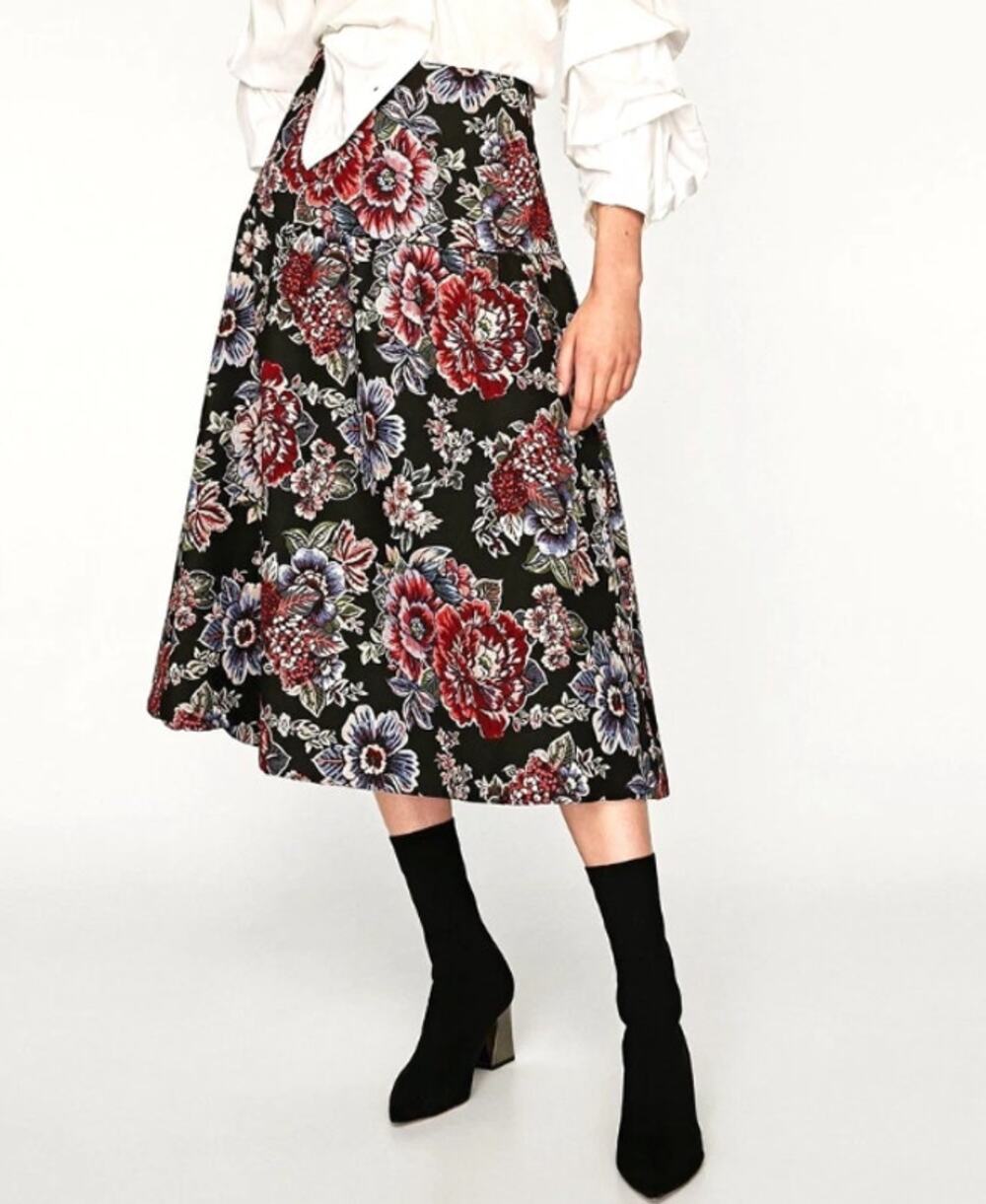 ZARA Floral Jacquard Midi Skirt High Waist A-Line Full Boho Romantic Maxi Black